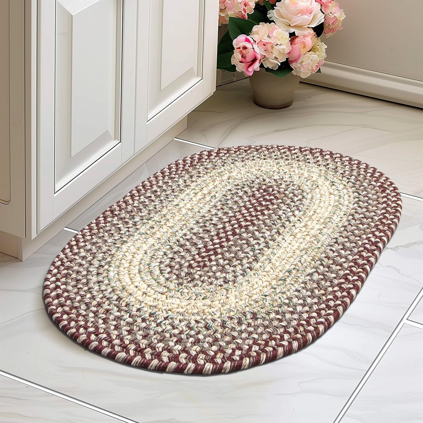 Super Area Rugs Braided Rugs 2X3 Farmhouse Kitchen Rug - Ridgewood Braided Rug for Living Room - Reversible - Indoor/Outdoor - Made in USA - Burgundy/Beige, 2' X 3' Oval