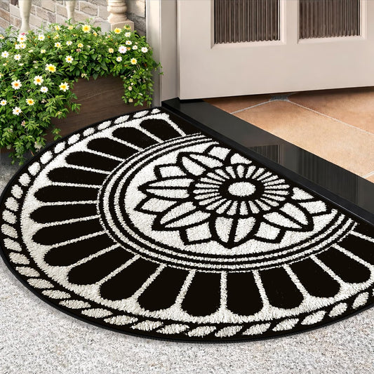 Half-Round Doormat, 35.4 x 23.6 Inches, Non-Slip, Washable, Black-and-White Entryway Rug, Vintage Bohemian Style, Low-Pile Doormat, Stain-Resistant, Suitable for Kitchens, Entryways, and Bathrooms