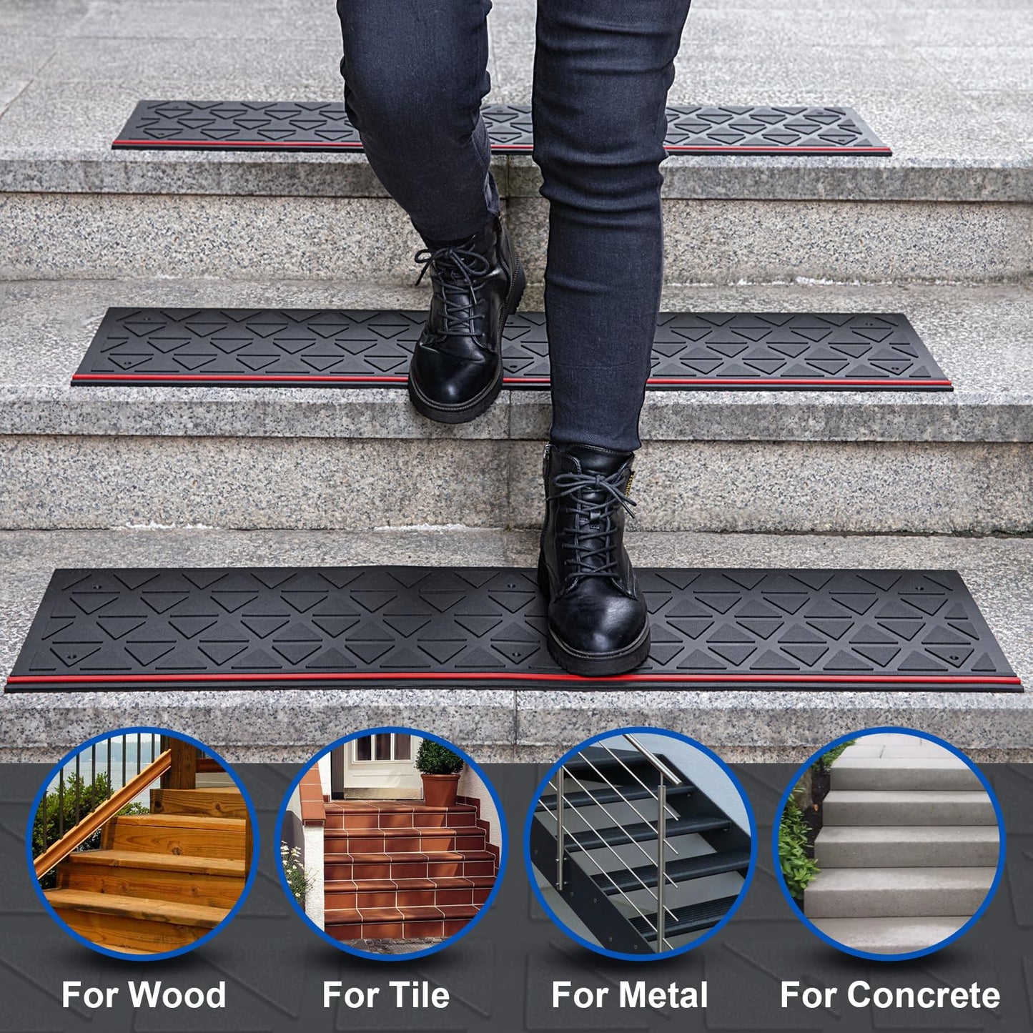 Spurtar Rubber Stair Treads 35" x 10", 3Pack Outdoor Rubber Stair Treads Non-Slip for Wooden Concrete Marble Tile Metal Steps