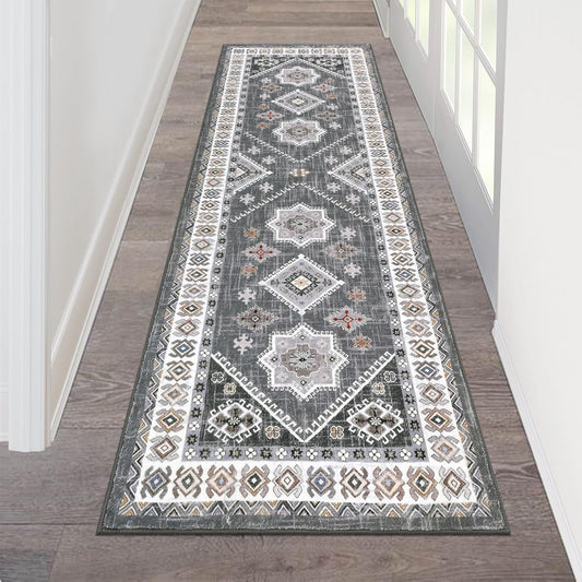 HEBE Runner Rug 2x6, Non Slip Washable Boho Rug Runners for Hallway, Vintage Floor Carpet Runner for Kitchen, Entryway, Bathroom, Bedroom, Farmhouse, Laundry,Grey