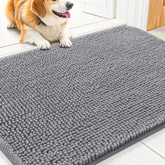Smiry Dog Door Mat for Muddy Paws 30x20, Absorbent Dirt Trapper, Non-Slip Washable Chenille Entryway Rug for Inside Floor, Grey, Classic Solid