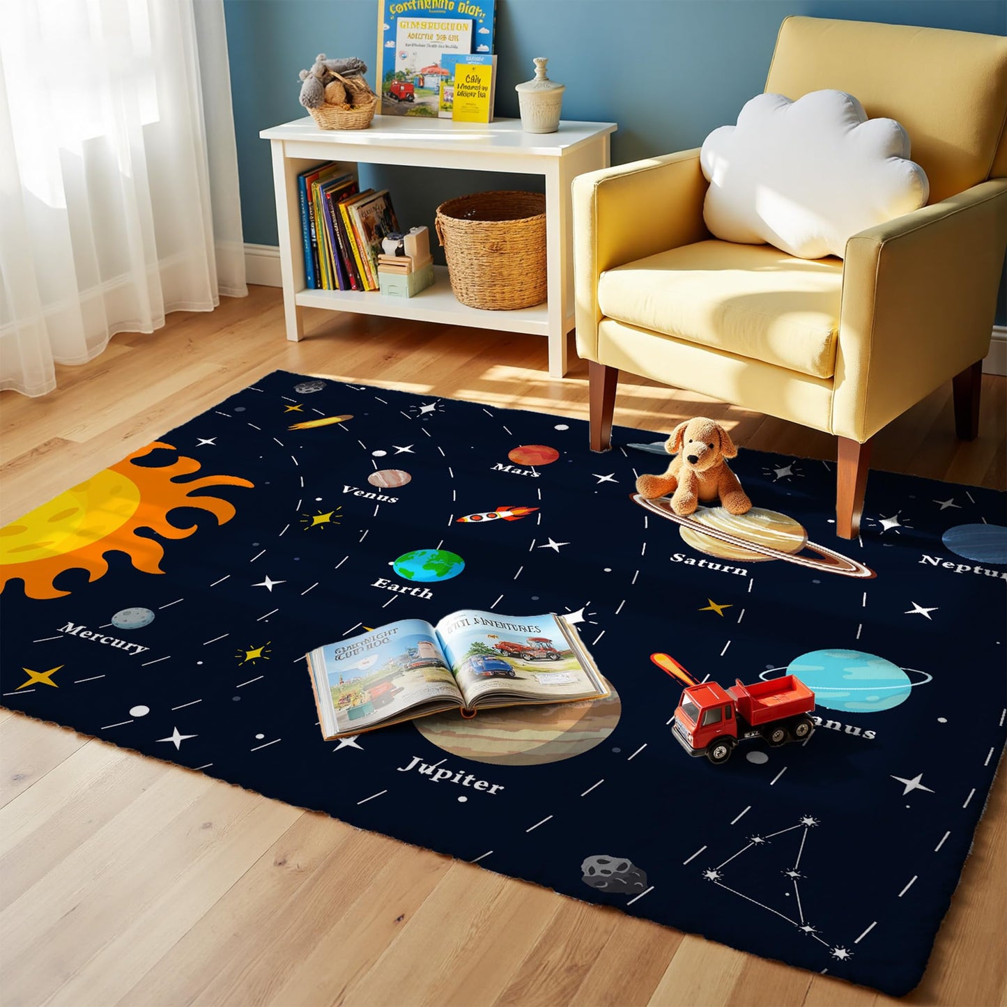 Nayoroom Solar Planets Play Rug - 5x7ft Kids Carpet with Solar Planets Words Design, Non-Slip Faux Wool Educational Rug for Kids, Bedroom Playroom Gift.