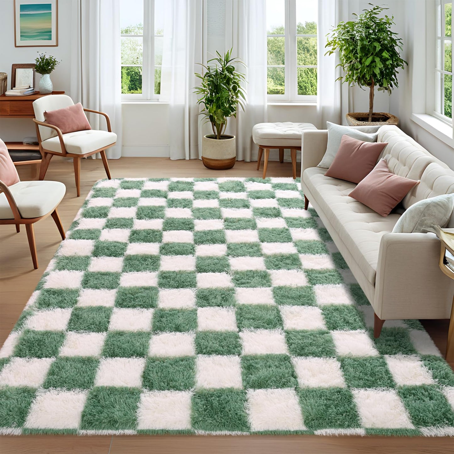 Nuttumico 4x6 Feet Sage Green White Checkered Rug, Fluffy Plaid Area Rug for Bedroom Living Room, Soft Shag Shaggy Carpet for Girls Room, Nursery Dorm, Non-Slip, High Pile