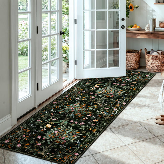 Morebes Floral Washable Rug Runners for Hallways Non Slip, Flower Kitchen Runner Rug 2x6, Boho Botanical Ultra-Thin Soft Floor Carpet for Bathroom Entryway Laundry Room, Black