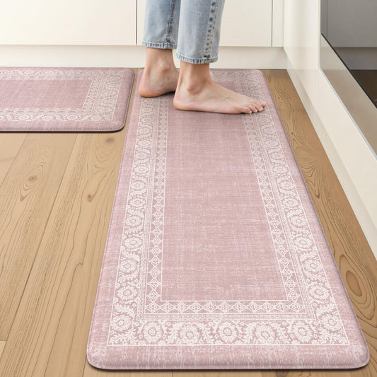 LEEVAN Pink Kitchen Mat Sets of 2,Anti Fatigue Cushioned Memory Foam Kitchen Mats for Floor,Farmhouse Ergonomic Waterproof Cute Boho Kitchen Floor Mat,Sink,Laundry,Home,Office(17''x29''+17''x47'')