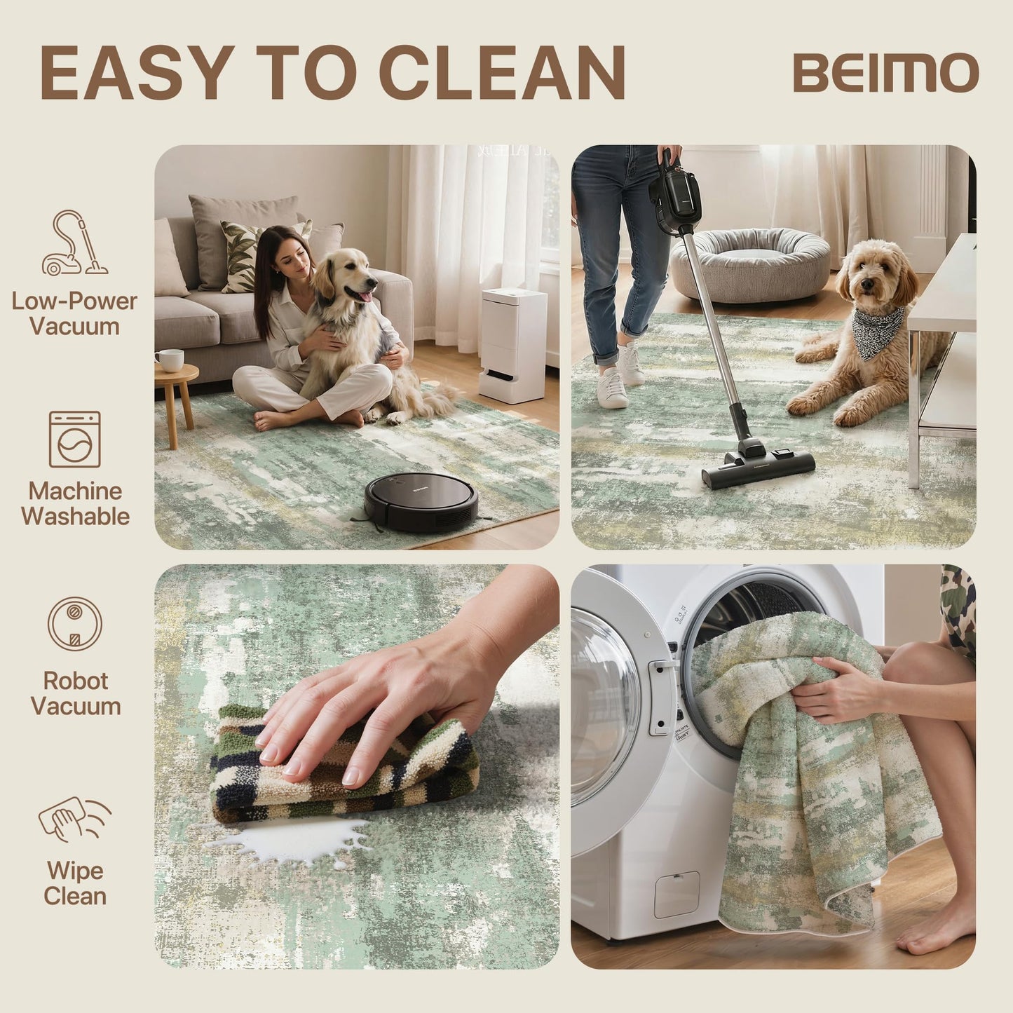 BEIMO Reversible 6x9 Area Rugs for Living Room, Modern Abstract Dual-Sided Carpet, Machine Washable Soft Low Pile Rug for Bedroom Dining Room, Includes Non-Slip Rug Pad, Green & Grey