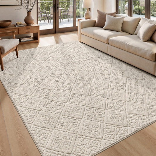 U'Artlines 5x7 Beige Washable Area Rug for Living Room, Soft Fluffy High Low Textured Carpet, Modern Neutral Geometric Non Slip Rugs for Bedroom Dining Room Kids Room