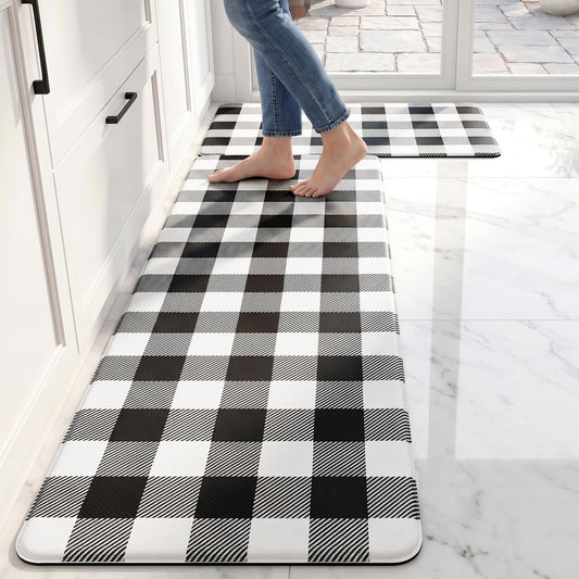 VivaNest Black Buffalo Check Plaid Grid Kitchen Rug Sets [2 PCs], Anti-Fatigue, Waterproof Non-Slip Kitchen Mats Heavy Duty Ergonomic Comfort Foam Rug for Floor, Home, Laundry,17.3"x29"+17.3"x47"
