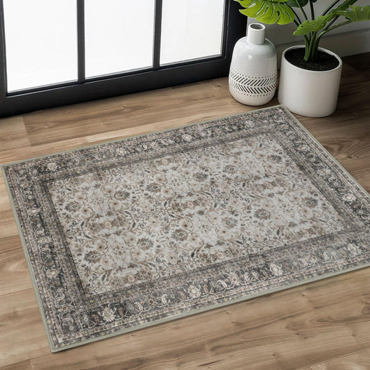 SIILOOM 2x3 Washable Rug Soft Area Rug for Entryway, Ivory Grey Slip-Resistant Indoor Door Mat Tribal Floral Low-Pile Kitchen Rugs, Vintage Tribal Carpet for Entrance Kitchen Farmhouse