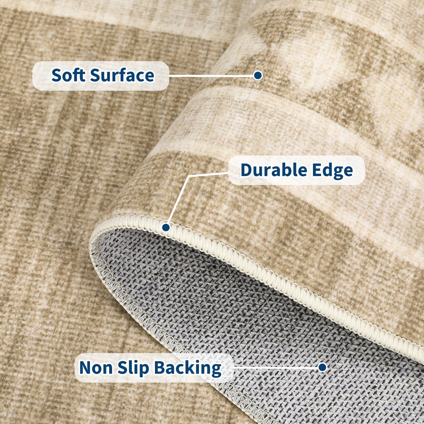 GlowSol Washable 6x9 Rugs Solid Bordered Area Rug for Living Room Bedroom, Soft Geometric Neutral Throw Rug Non Slip Low Pile Stain-Resistant Carpet for Dining Room Table Home Office,Jute Color