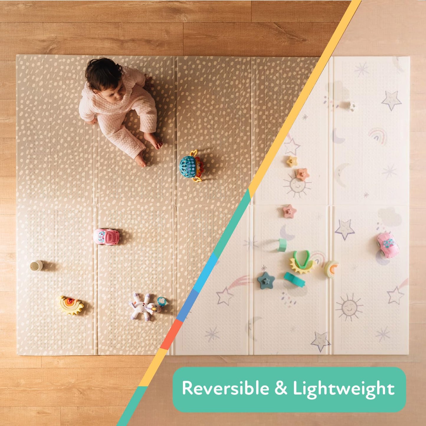 Nuby Reversible Baby Floor Mat, 77" x 58" - Foldable and Lightweight Baby Play Mat for Floor - Easy Storage and Travel - Stars and Sky