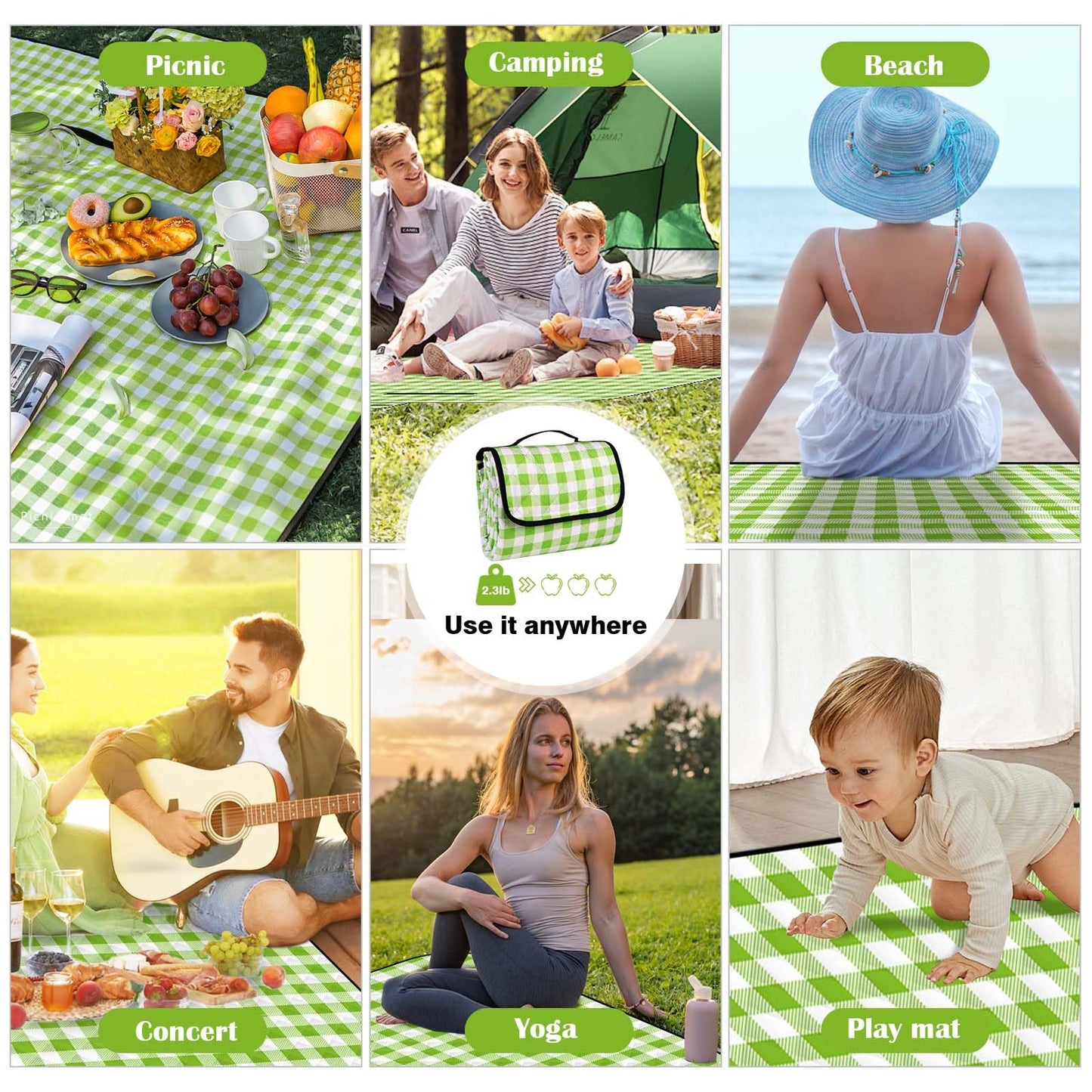 XEHAHOSH 78.7''x78.7'' Extra Large Picnic Beach Blankets, 3 Layers Plaid Waterproof Thickened Foldable Camping Blanket, All-in-one Portable Mat, Suitable for Park, Camping, Outdoor Indoor, Green