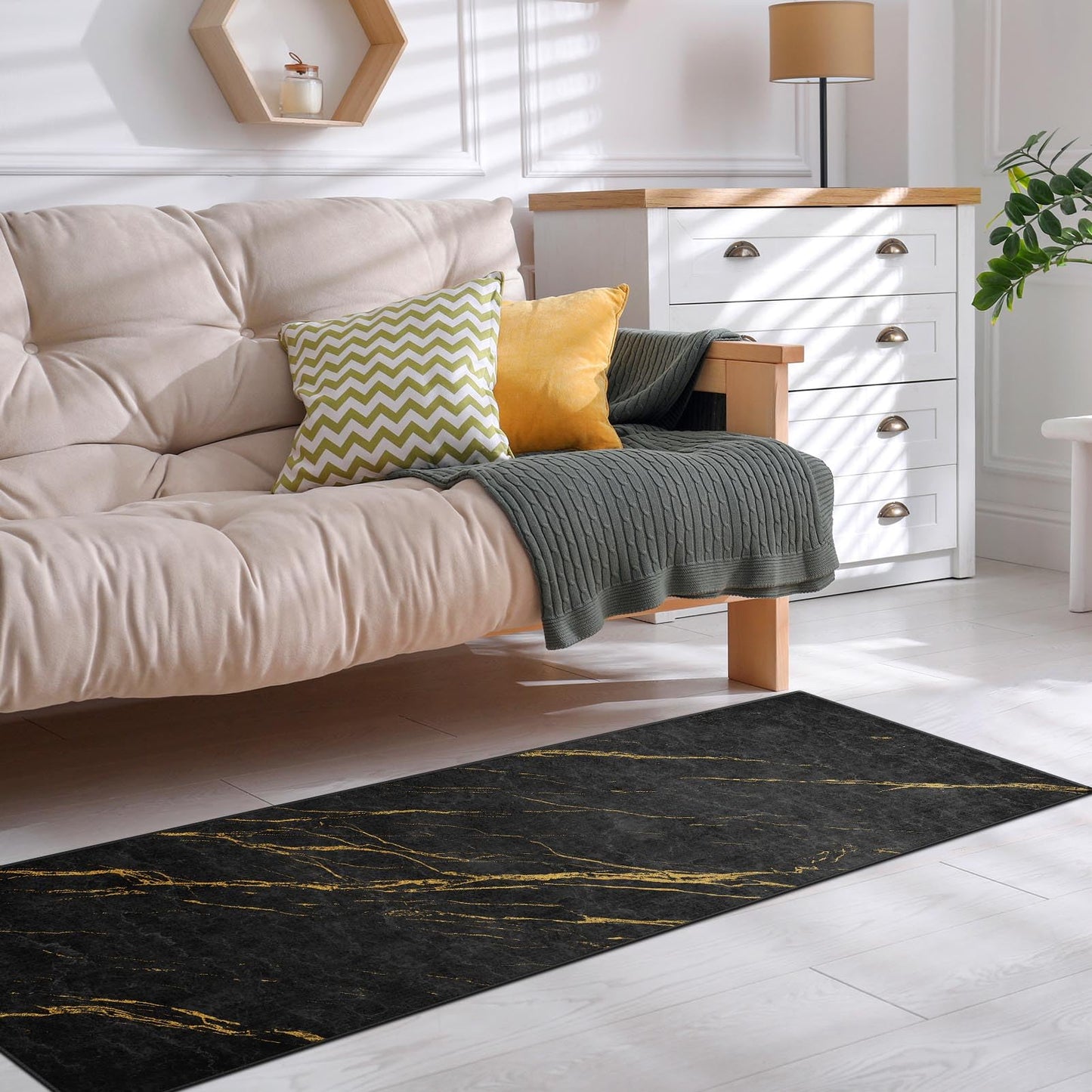 ArtSocket Area Rug Marble Black Gold Entry Runner Rug 2' x 6' Non-Slip Washable Indoor Door Mat Carpet for Bedroom Kitchen Entryway Laundry Living Home Decor