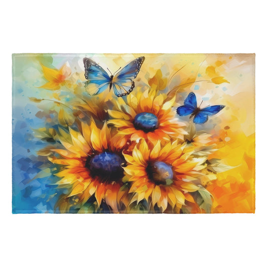 Wualmondor Sunflower Entry Rug Oil Painting Area Rug 24x35 Inches Flower Butterfly Non Slip Kitchen Mat Vintage Retro Low Pile Washable Doormat for Entrance Bathroom Kitchen Bedroom