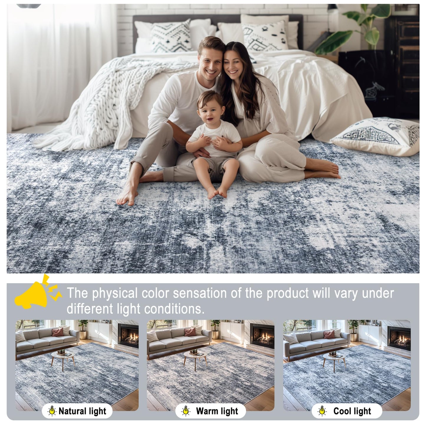 8x10 Area Rugs for Living Room - Washable Rug Modern Abstract Soft Large Neutral Non-Slip Carpet Indoor Floor Thin Carpets for Bedroom Dining Room Farmhouse Nursery Home Office Grey Blue