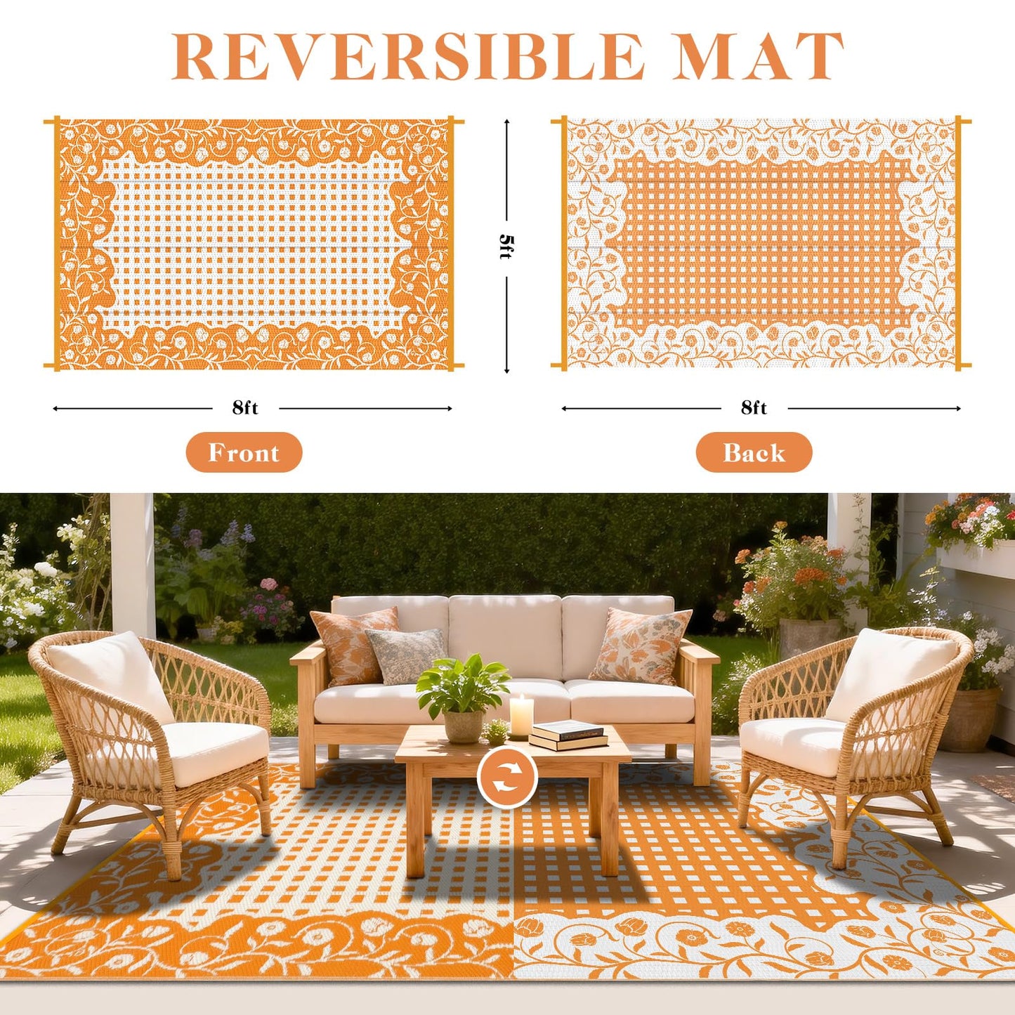 nesrt Waterproof Outdoor Rug 5x8ft, Reversible Plastic Straw Patio Mats, Portable Floral Camping Rug, Indoor Foldable RV Carpet Mat for Deck Porch Balcony Backyard Picnic (Orange/White)
