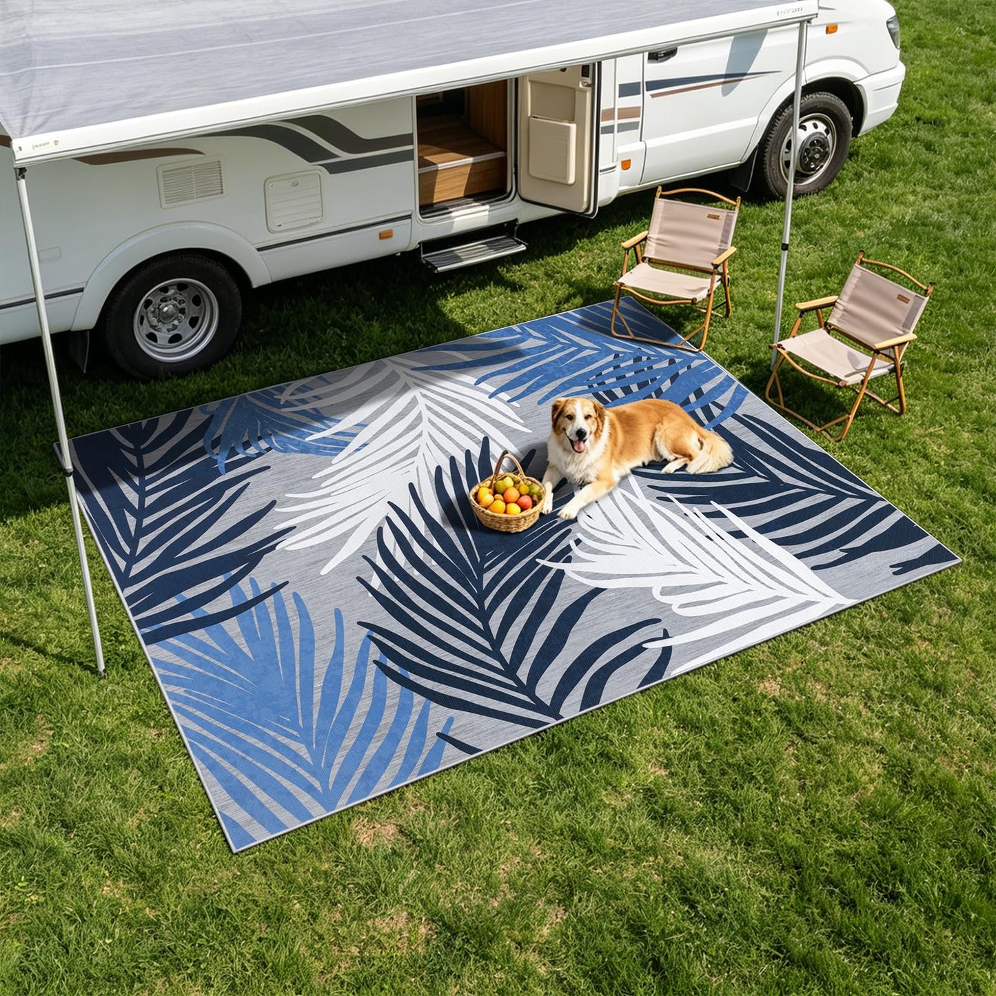 Pauwer Indoor Outdoor Area Rugs 5x7, Washbale Outdoor Patio Rug, Blue White