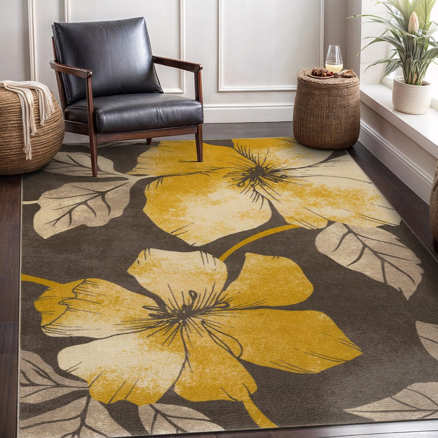 CAMILSON Solana Modern Floral 6'7" x 9'0" Area Rugs Non-Skid (Non-Slip) Rubber Backing Yellow Brown Flowers Indoor Rug (6x9, Floral - Yellow/Brown)
