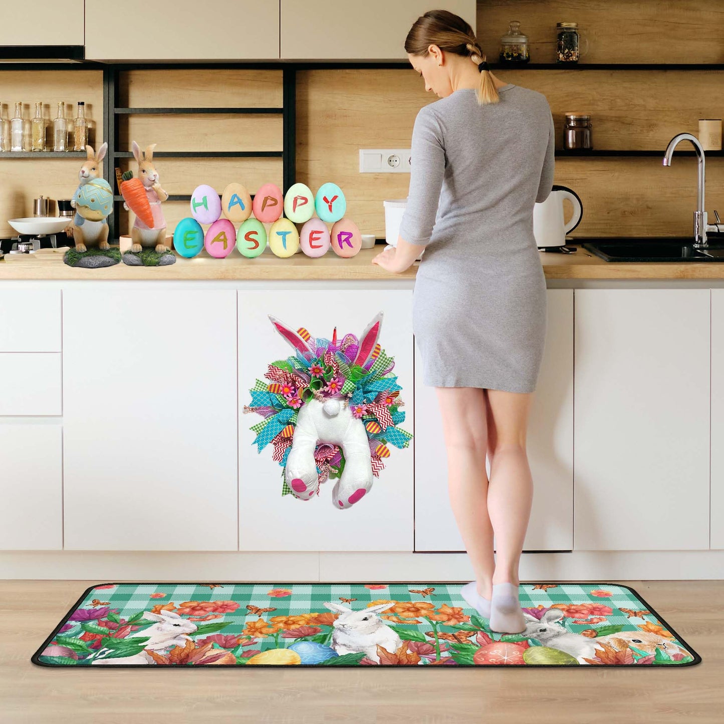 OUXIOAZ Happy Easter Flowers Eggs Bunny Rabbits Kitchen Rugs Set of 2, Spring and Summer Holiday Decorations for Home Kitchen 17"x47"+17"x30"