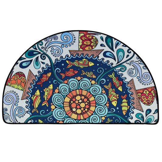 NEWBILITI Colorful Half Circle Doormat Boho BathMat Semi Round Non-Slip Bathroom Rugs Floor Mat Linen Half Sun and Moon Rug Bohemian Decor Bath Door Semicircle Mats, Fish