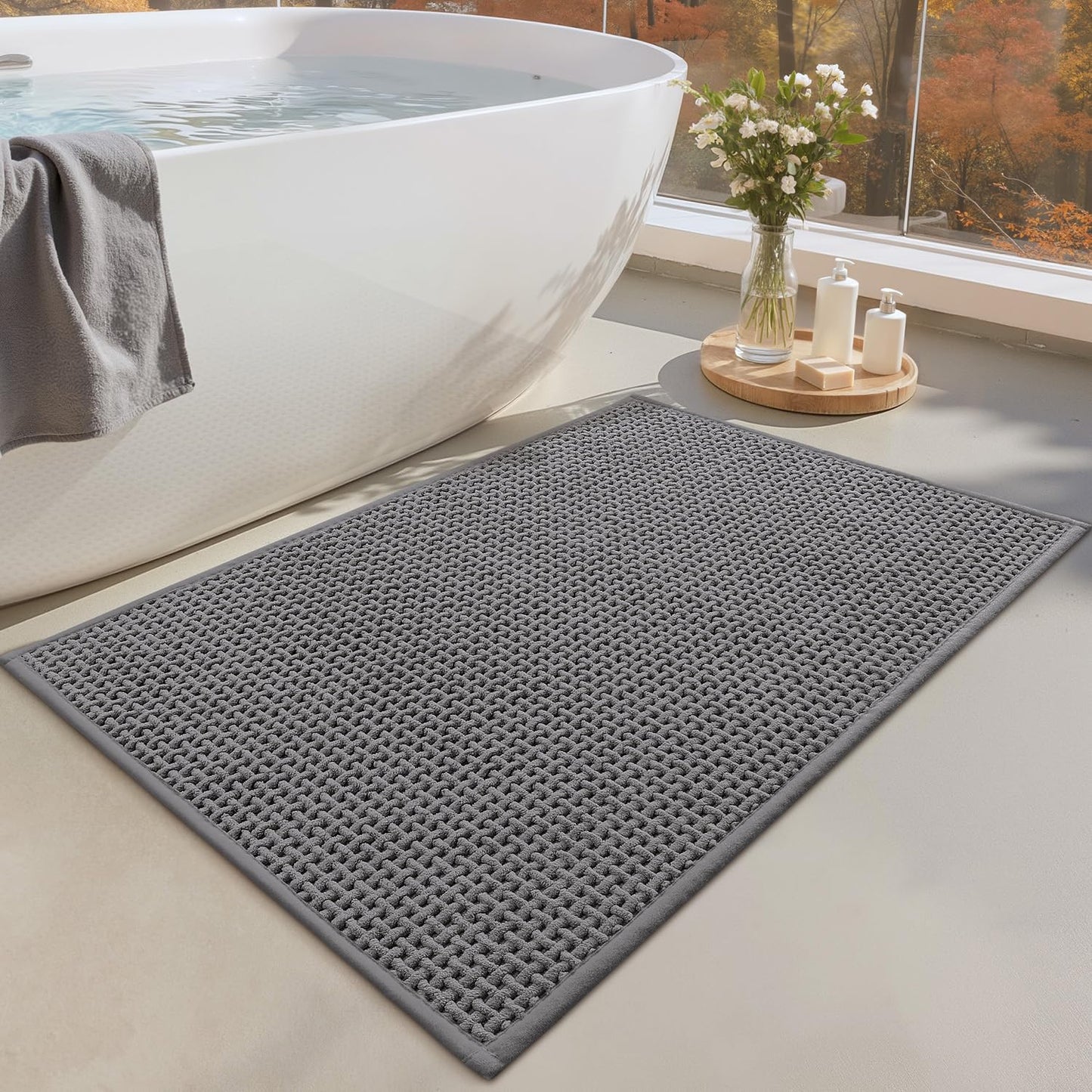 Color&Geometry Rubber Backed Waffle Bath Mat 30x17, Non Slip Water Washable Bathroom Rugs, Soft Absorbent Chenille Boho Carpet for Bathroom Floor, Tub and Shower, Grey