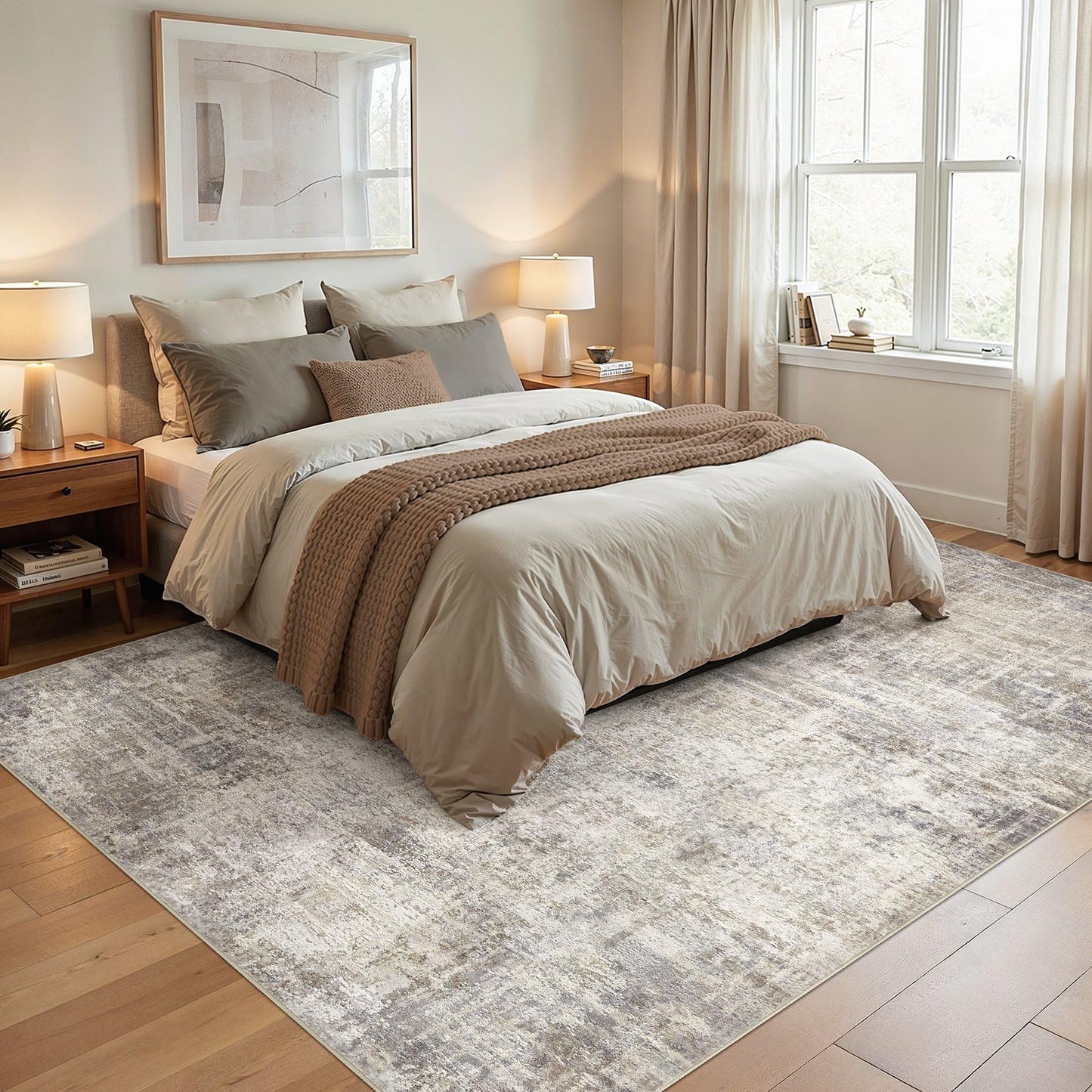 cotiled Washable 8x10 Area Rug for Living Room - Modern Abstract Carpet with Non-Slip Backing, Low Pile & Soft, Stain Resistant, Kid & Pet Friendly Decor for Bedroom & Dining Room - Brown Grey