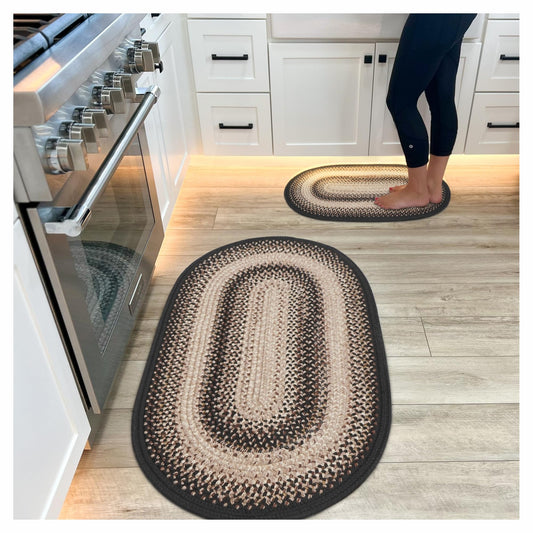 Black Mist Braided Oval Rug 20"x30" - Black & Tan Rustic Rugs for Entryway and Kitchen, Water Absorbing, Machine Washable and Reversible - Both Indoor and Outdoor