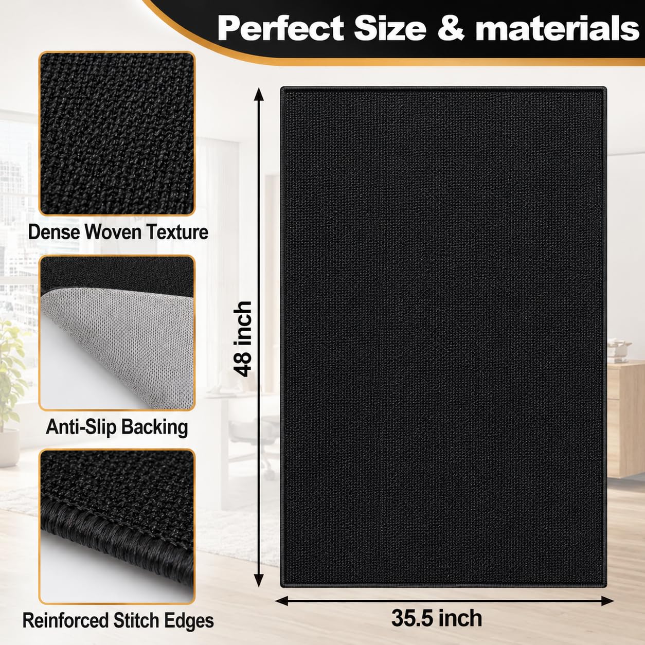 Office Chair Mat for Hardwood Floors, 48 x 35.5 in Non-Slip Desk Chair Mat for Rolling Chairs, Low Pile Under Desk Rug Floor Protector for Wood, Tile & Laminate Floors, Black