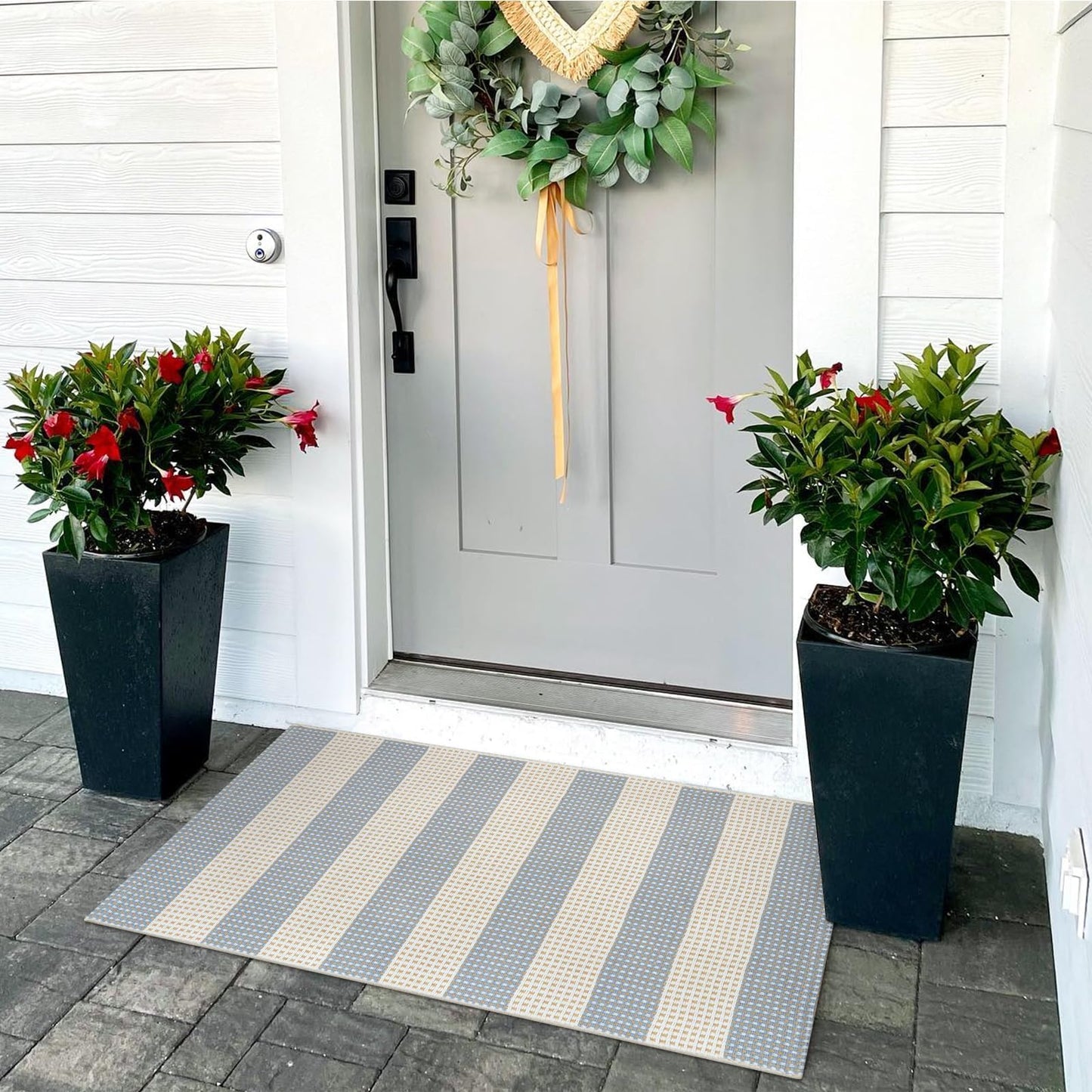 OJIA Front Door Mats Outdoor 24"x36" Machine Washable Indoor Outdoor Rugs Doormat Cotton Woven Entry Rug Striped Small Area Rugs for Front Porch/Bathroom/Farmhouse/Home Entrance (Blue/White/Tan)