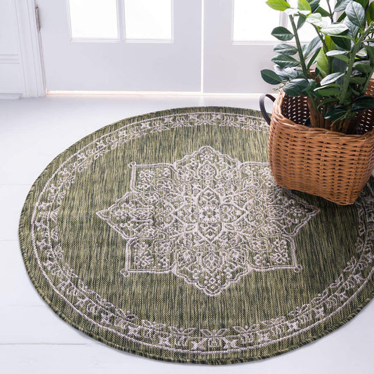 Unique Loom Outdoor Traditional Collection Area Rug - Antique (4' 1" Round, Green/ Gray)