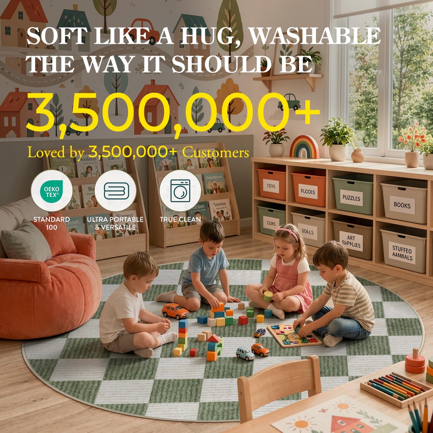 Machine Washable 5x7 Area Rugs for Living Room Checkered, Non Slip Soft Low Pile Farmhouse Geometric Modern Neutral Playroom Boys Rugs for Bedroom, Large Carpet Rugs for Dining Room(Sage Green,5'x7')