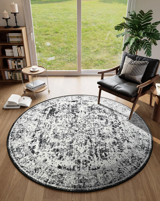 Unirea 4ft Round Grey Vintage Area Rug, Washable Non Slip Circle Bug Rug for Entryway, Kitchen, Bedroom, Bathroom, Nursery, Living Room, Thin Soft Abstract Rugs Indoor Décor, Low Pile Carpet