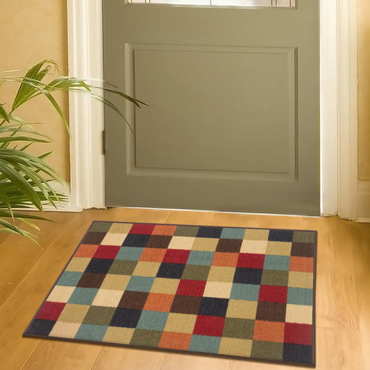 Ottomanson Accent Rug – Non Slip Low Pile Small Rug for Entryway, Bedroom, Bedside & Coffee Table Areas, 2'7" x 4', Checkered Multicolor