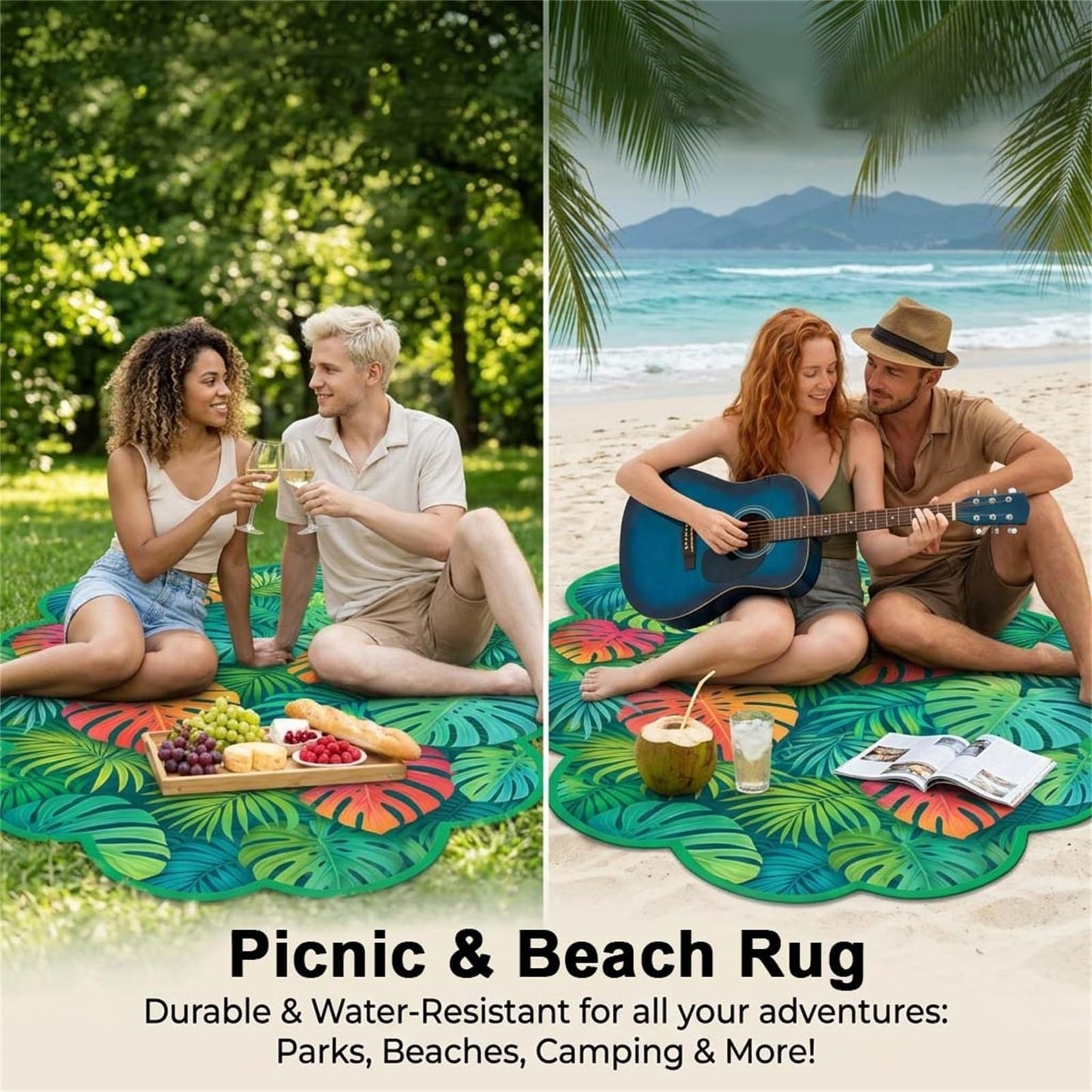Monstera Palm Leaf 2x3 Outdoor Waterproof Area Rug for Porch Patio Deck Camping Teal Tropical Plant Scalloped Irregular Shaped Rugs Non Slip Thin Washable Veranda Front Yard Foyer Carpet Outside Mat