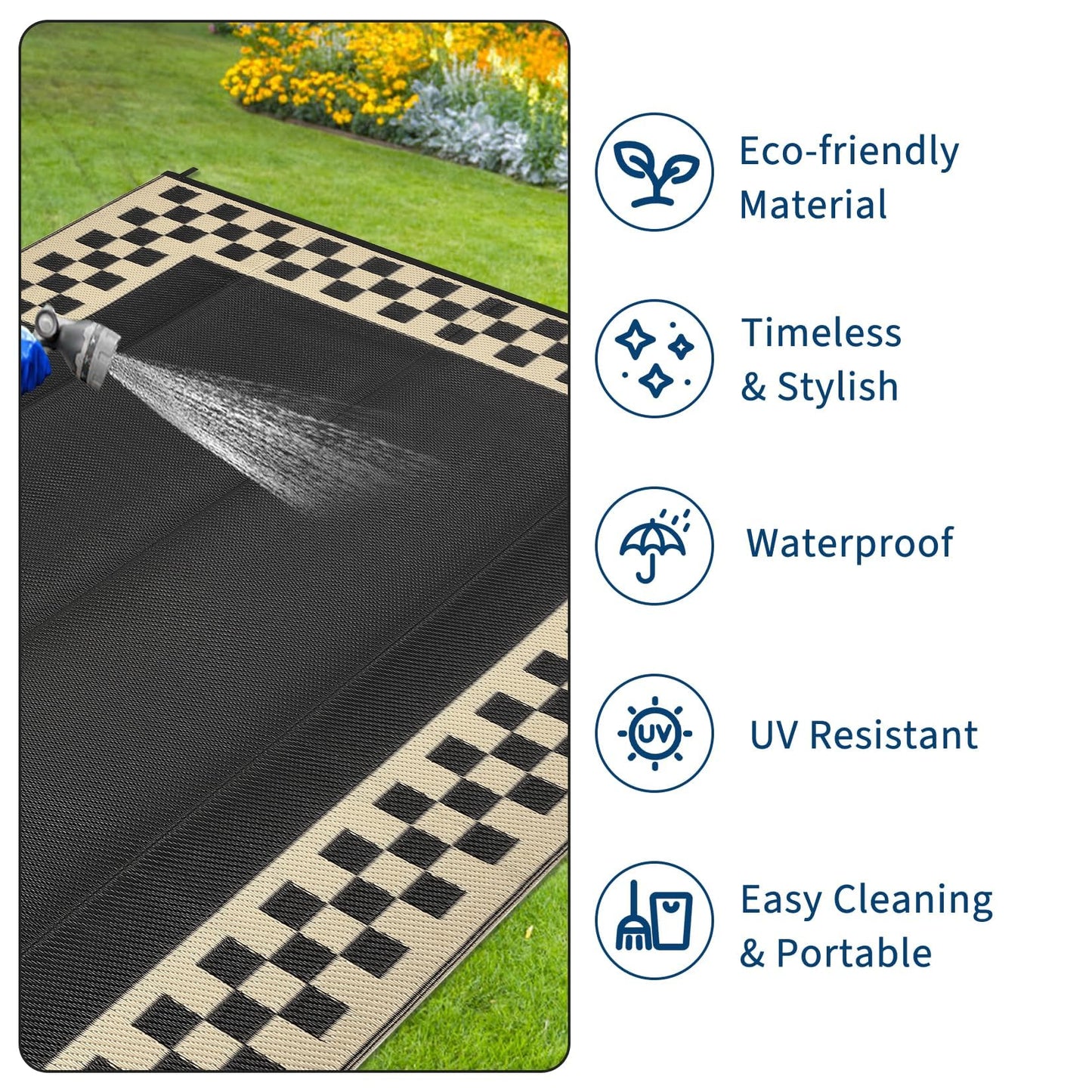 Garvee Outdoor Rug 9x12 Waterproof Reversible Patio Rug Modern Geometric Outdoor Carpet, Fade-Proof & Weather Resistant Minimalist RV Picnic Camping Mat for Garden Backyard Balcony, Black & Beige