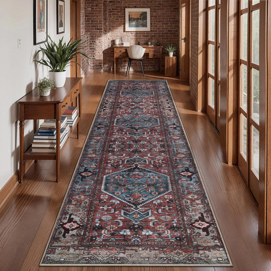 SERISSA Vintage 2.6x10 Washable Hallway Runner Rug Non Slip, Oriental Dark Red Rust Long Runner Rugs for Hallway, Boho Soft Low Pile Tribal Carpet Runner for Living Room Bedroom Kitchen Laundry Room