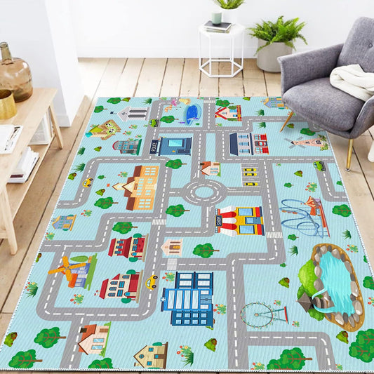 MLLgYq Kids Car Rug, 2' 7" x 4' City Life Traffic Road Playmat for Toy Cars Trains, Non-Slip Race Track Carpet Educational Fun Rugs for Boy and Girl Bedroom Nursery