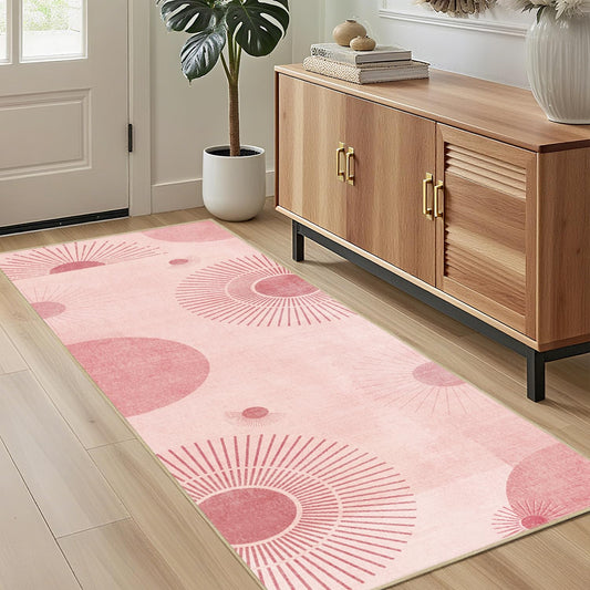 Sun Runner Rug 2x6 for Hallway Kitchen Bedroom,Mid Century Modern Runner Rugs Washable Boho Geometric Rug Non-Slip Printed Low Pile Long Floor Carpet Mat for Bedroom Laundry,Pink