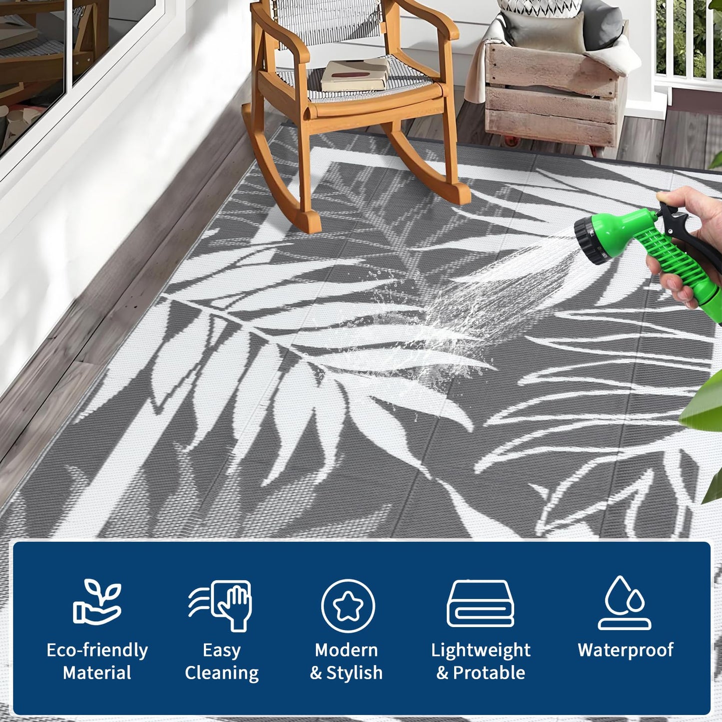 GAOMON 9'x18' Outdoor Rug Waterproof, Reversible Plastic Straw Rug for Large Patio, Backyard, Poolside, Deck – UV Resistant, Heavy Duty, Easy Clean Outdoor Carpet for High Traffic, Grey&White