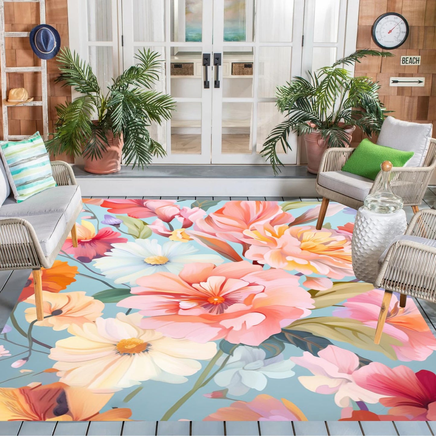 Outdoor Flower Rug with Anti Slip Backing Vibrant Waterproof 2x3 Area Rugs for Patio Deck Balcony Camping Garden Porch Large Floral Outside Carpet Peach Pink Blue Aesthetic Thick Mat