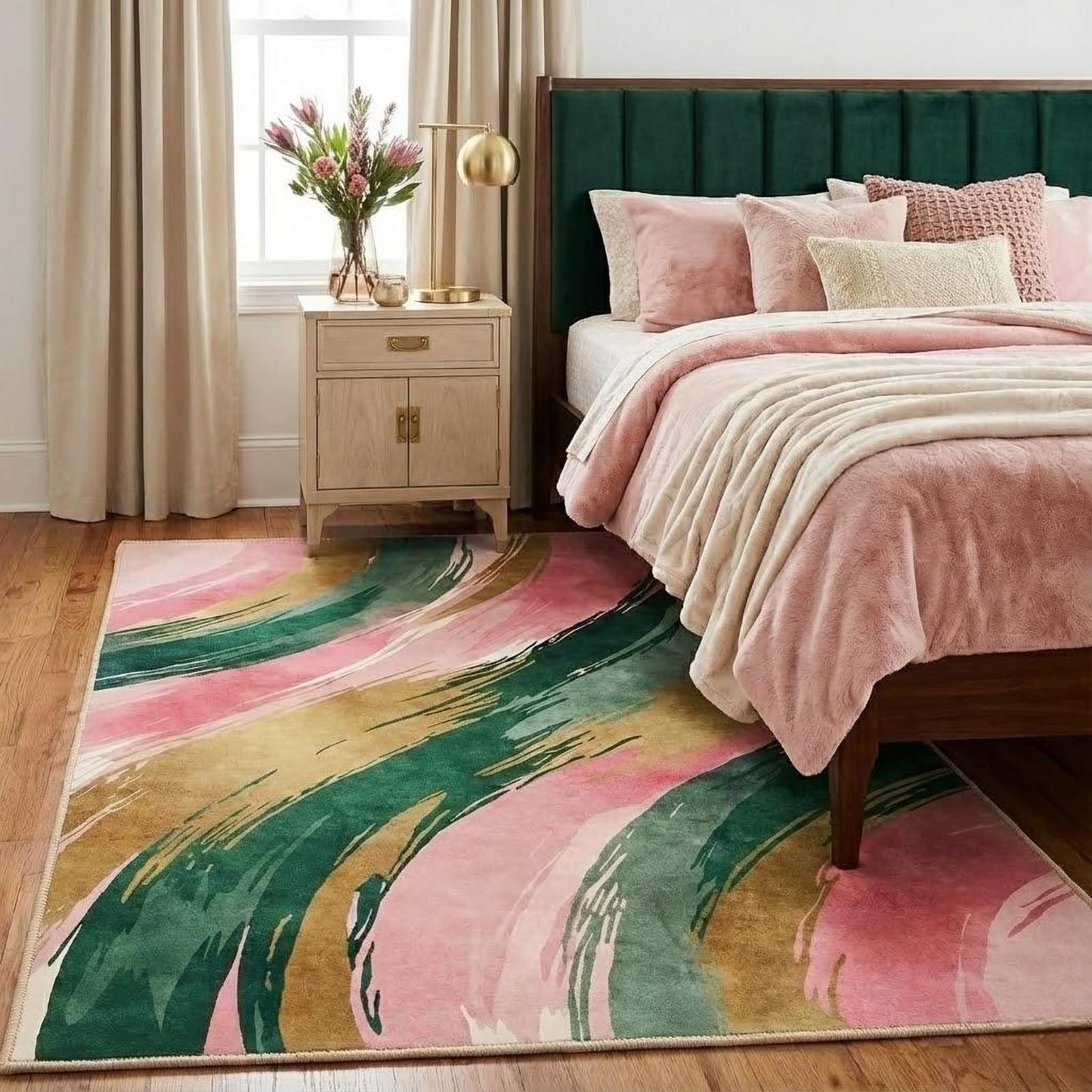 BreezeRise 5x7 Area Rugs for Living Room: Boho Pink and Green Gold Modern Abstrac Rug Brushstroke Gradient Washable Non-Slip Backing for Living Room Bedroom Leisure Area Decor