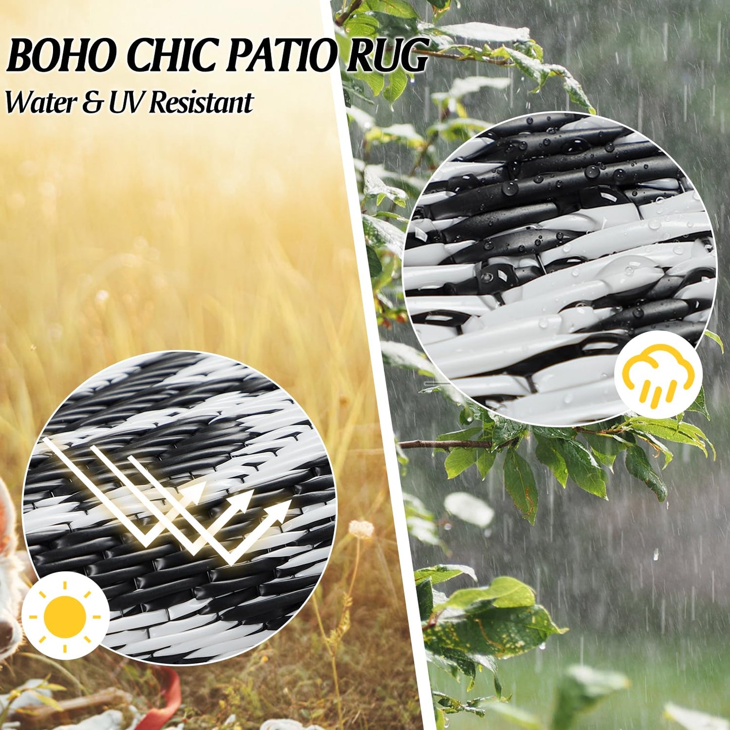 Cekene Round Outdoor Rugs for Patio 8Ft Waterproof Reversible Outdoor Patio Rugs Black Lightweight Plastic Straw Rugs Portable RV Camping Mat Floor Carpet for Deck Porch Picnic BBQ