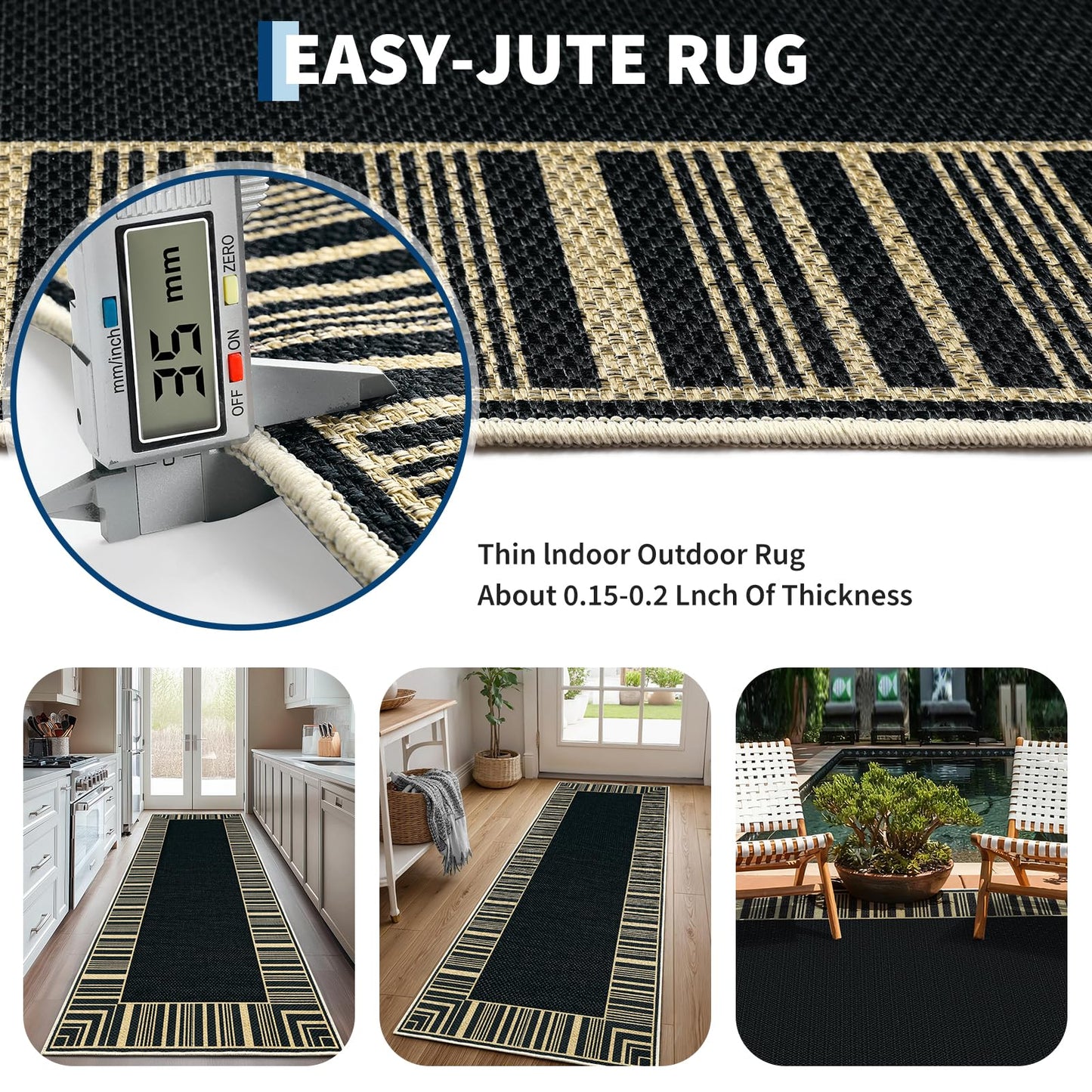 GarveeHome Striped Border Outdoor Rug 5x7 Area Rugs, Washable Rugs for Living Room Non Slip, Farmhouse Neutral Patio Carpet for Backyard Dining Room Balcony,Black
