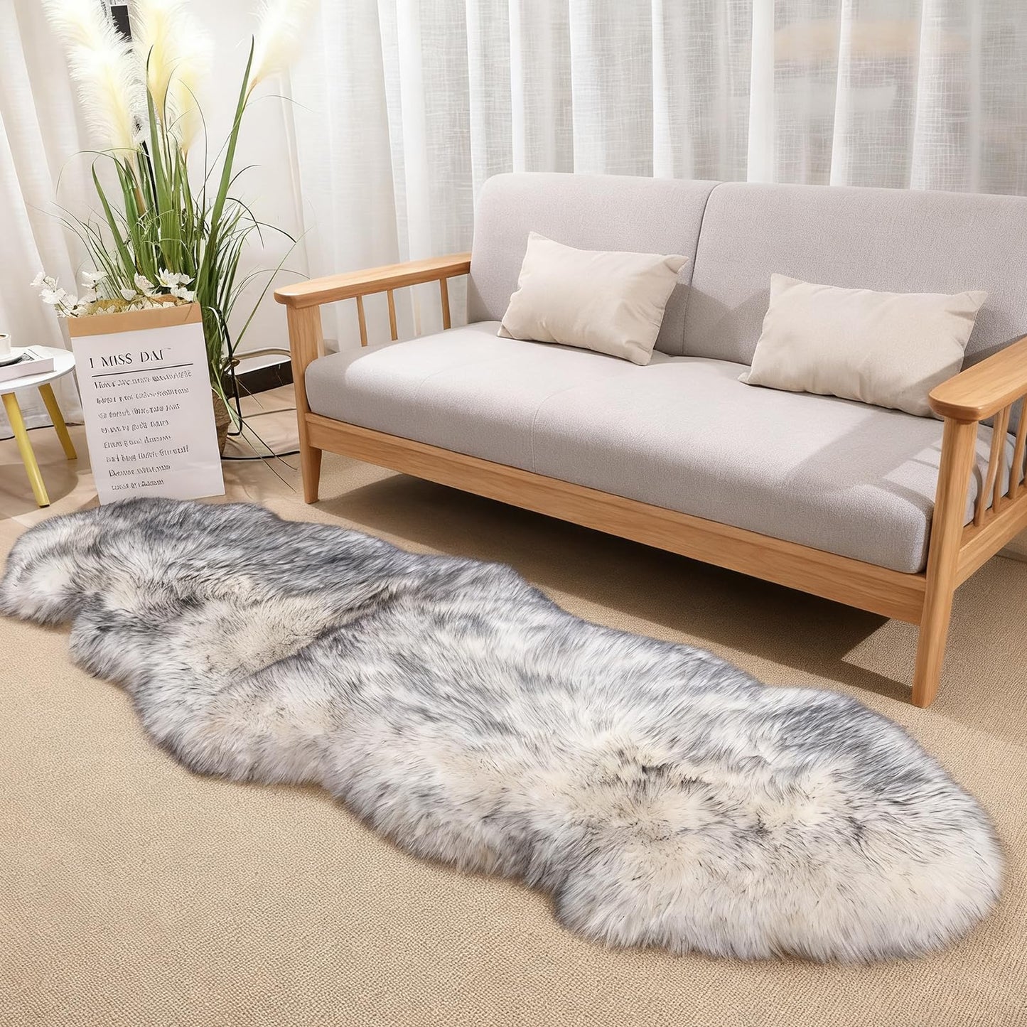 Genuine Sheepskin Rug with Little Patches-Real Wool Throw Carpet Pad for Bedroom Floor Living Room Sofa Fur(Wolf Tipped, 2FT×6FT Patchwork)