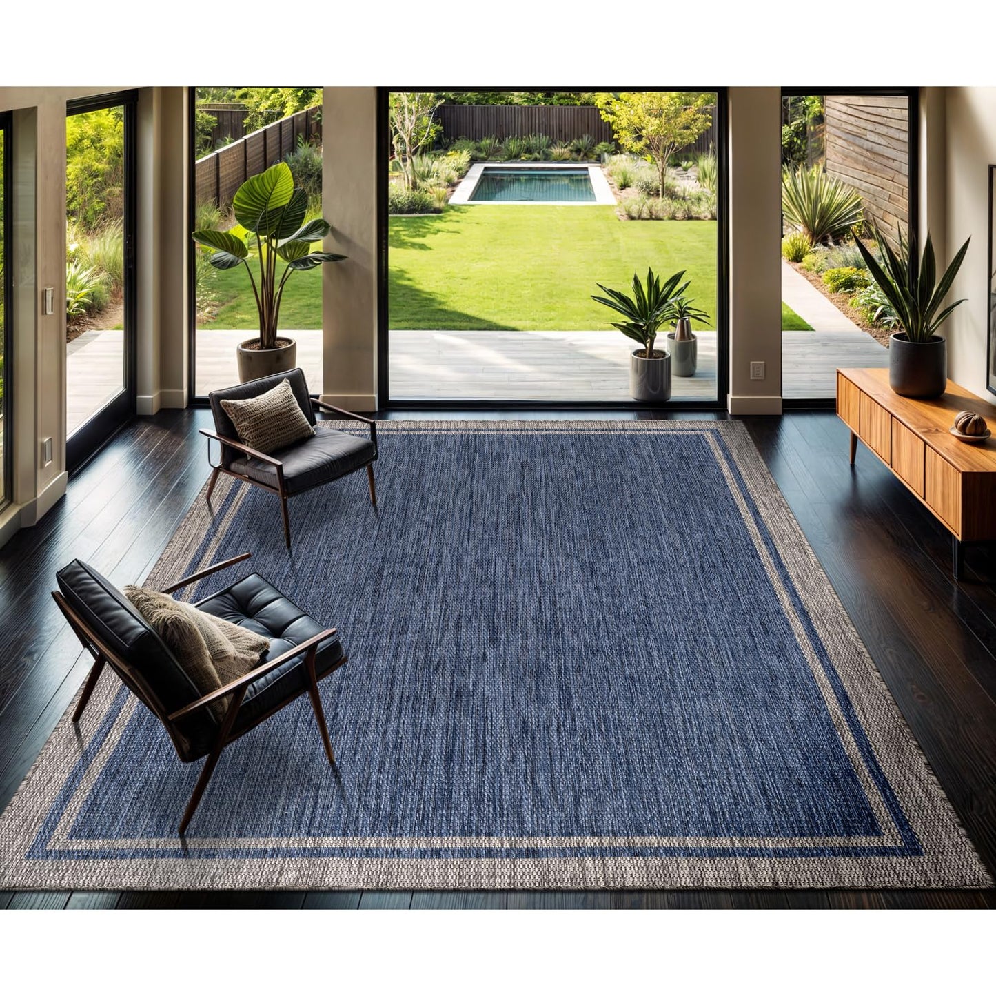 CAMILSON Outdoor Rug, 8x10 Bordered Navy Blue Gray Modern Area Rugs for Indoor and Outdoor Patios, Porches Waterproof Washable Porch Deck Outside Carpet (Bordered Navy, 8 x 10)