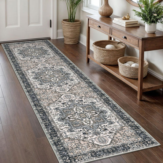 KOZYFLY Runners for Hallways 2x8 Ft Washable Kitchen Runner Rug Boho Entry Rug for Hallways Indoor Printed Faux Wool Long Floor Carpet for Entryway Bedroom Kitchen Hallway Use, Black/Taupe/Beige