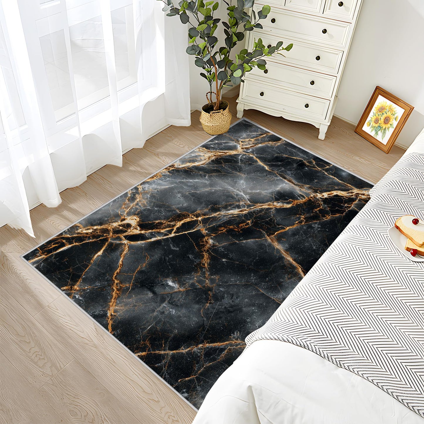 Aquailis Marble Rugs for Bedroom - Agate Rug, 5x6 Area Rug, Modern Abstract Washable Rugs for Bedroom, Black and Gold Living Room Area Rug, Marble Swirl Home Decor, Modern Gifts for Men