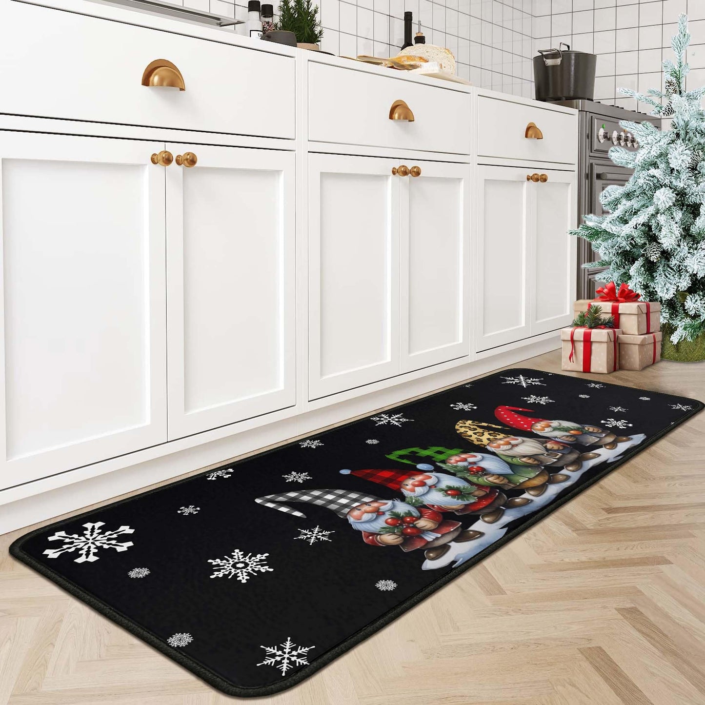 OUXIOAZ Buffalo Plaid Tree Gnomes Black Merry Christmas Kitchen Rugs Set of 2, Winter Holiday Party Low-Profile Floor Mat Decorations for Home Kitchen 17"x47"+17"x30"