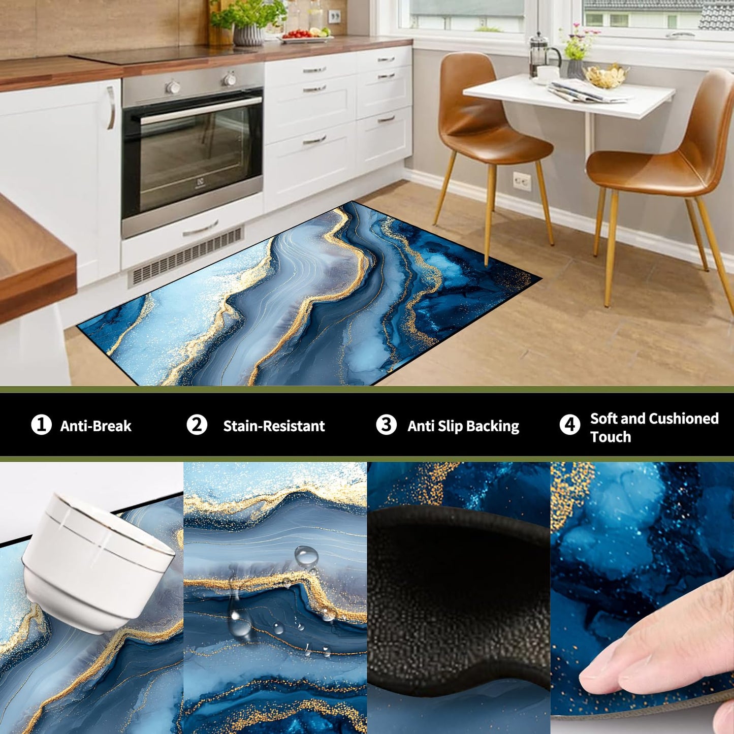 kxry Marble Pattern Area Rug in Blue Gold 4x6 for Bedroom Living Room Dining Room Non Slip Washable Low Pile Rug for Entryway Kitchen Doormat Indoor Floor