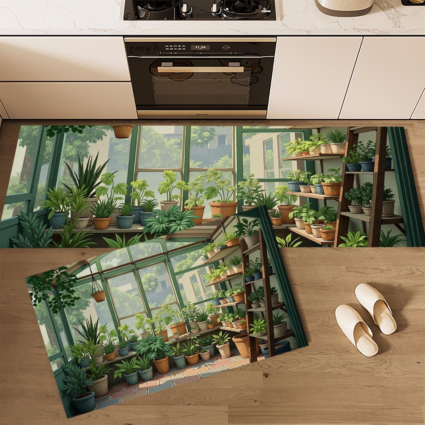Greenhouse Potted Plants Kitchen Rug, Waterproof Non-Slip Realistic Green Plants 2PCS Kitchen Floor Mat, Anti-Fatigue Standing Green Mats and Rugs Set, for Home Sink Laundry Hallway 20"x59"+20"x31"